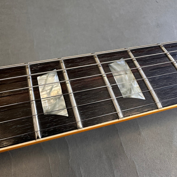 Close-up of guitar fretboard showing mother-of-pearl block inlays and metal frets on dark wood with six steel guitar strings