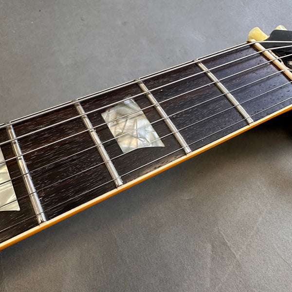 Close-up of guitar fretboard made of dark wood with rectangular mother-of-pearl inlays and steel strings on gray background