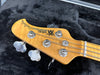 Close-up of a brown Dennell Musicman StingRay Bass guitar headstock with tuning pegs and strings on black plush guitar case interior