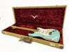 Fender Custom Shop vintage style light blue relic electric guitar with maple neck in open tweed hardshell guitar case with red plush interior