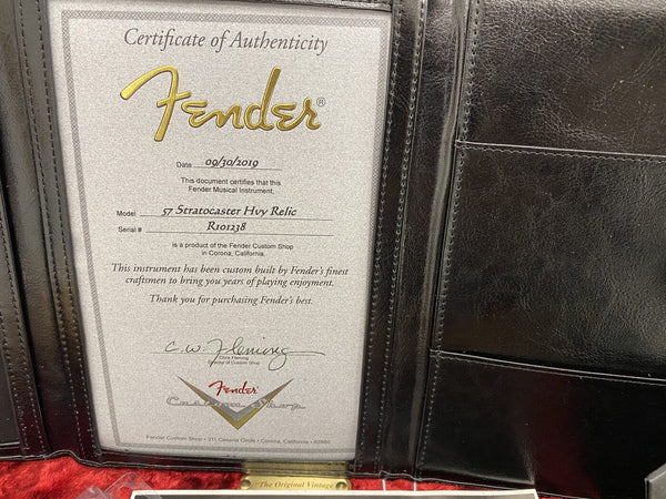Fender Certificate of Authenticity for 57 Stratocaster Hvy Relic guitar with serial number R101238 dated 09/30/2019 from Fender Custom Shop in Corona California