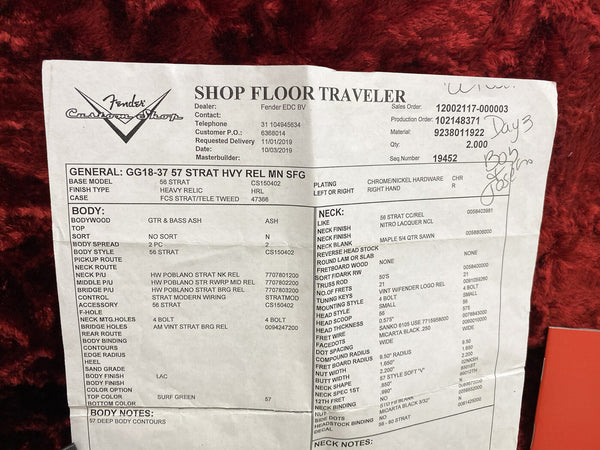 Fender Custom Shop Shop Floor Traveler specification sheet for GG18-37 57 Strat Heavy Relic MN SFG guitar with ash body, heavy relic finish, chrome/nickel hardware, maple neck with nitro lacquer finish, 4 bolt neck mounting, surf green color option, vintage Fender logo neck decal, and detailed body and neck notes.