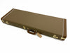 Brown rectangular hard guitar case with gold latches and leather handle on white background