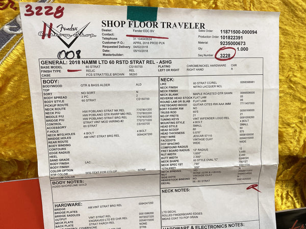 Fender Custom Shop 2018 NAMM Limited 60th Anniversary Relic Stratocaster Shop Floor Traveler specification sheet with guitar details for alder body, relic finish, vintage style neck, and hardware components