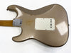 Back of limited edition Fender Stratocaster electric guitar in worn metallic finish with white backplate and maple neck on white background
