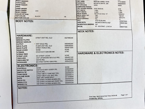 Vintage-style guitar specification sheet showing detailed hardware and electronics notes for a Stratocaster-style electric guitar with gold relic bridge, gold relic neck plate, and 60s style pickups