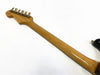 Glossy maple neck of electric guitar with vintage tuning pegs on white background showing headstock shape