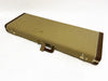 Vintage tweed rectangular guitar case with brown leather trim and brass latches on white background