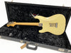 Vintage Fender Stratocaster electric guitar in worn cream finish with maple neck, shown from the back inside a black velvet-lined Fender Custom Shop hard case