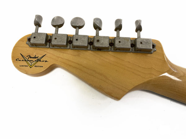 Fender Custom Shop Limited Edition guitar headstock with six vintage tuning pegs on natural wood finish