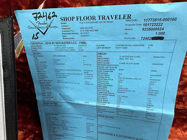Fender Custom Shop 2018 51 Nocaster Lush Closet Classic guitar shop floor traveler specification sheet detailing body ash wood, neck features, hardware, and electronics.