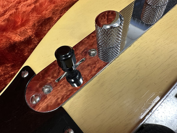 Close-up of vintage cream electric guitar control plate with chrome knob and black toggle switch on reddish background