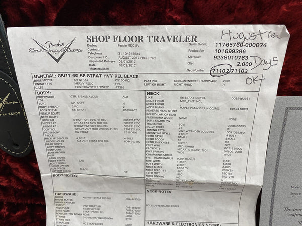 Fender Custom Shop Shop Floor Traveler certificate for 56 Strat Heavy Relic Black guitar with detailed specs including alder body, maple neck, vintage style pickups, and heavy relic finish on red plush background