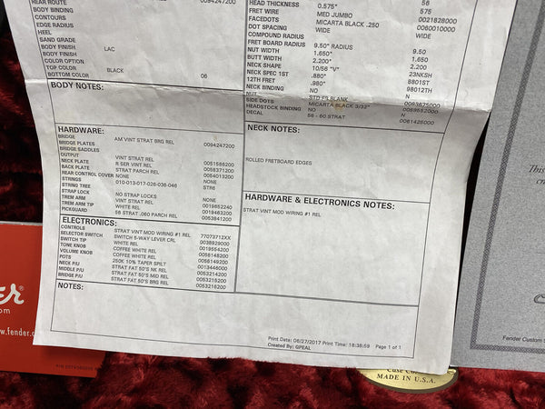 Fender Custom Shop guitar specification sheet showing detailed body, hardware, and electronics notes including AM vintage Strat bridge, vintage Strat neck plate, 5-way lever selector switch, coffee white tone and volume knobs, and Strat fat 50's pickups with vintage modified wiring, printed on June 27, 2017.