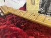 Close-up of electric guitar maple neck and strings in red plush guitar case with instruction manuals in background
