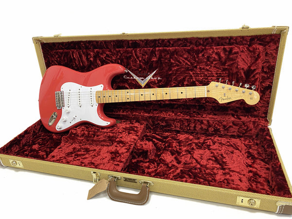 Fender Custom Shop red Stratocaster electric guitar with maple neck in vintage tweed hard case with plush red interior lining