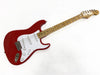 Red Fender Stratocaster electric guitar with maple neck and white pickguard on white background