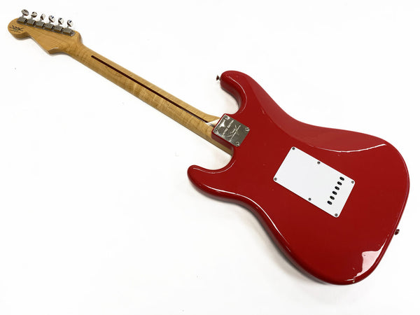 Back view of red electric guitar with maple neck and white backplate on white background, Coffee House Guitars product image