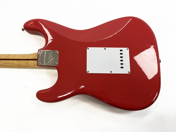 Back view of red electric guitar with white backplate and maple neck from Coffee House Guitars product listing