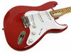 Red electric guitar with white pickguard, three single-coil pickups, maple neck, and chrome hardware on white background
