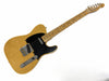 Fender Telecaster electric guitar with maple neck and black pickguard, natural finish, full body view on white background