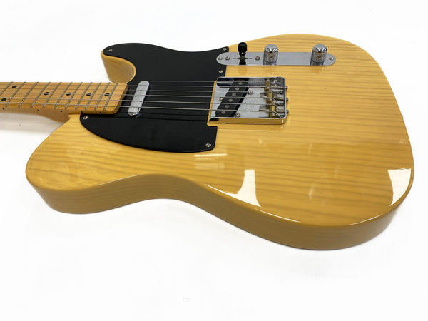 Natural finish electric guitar with black pickguard and maple fretboard on white background, Coffee House Guitars product listing image