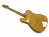 Back view of natural wood finish electric guitar with maple neck and six tuning pegs on white background