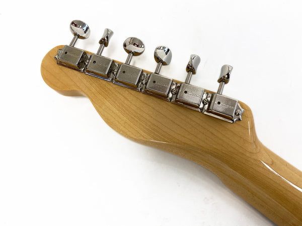 Close-up of maple guitar neck headstock with six chrome tuning pegs on white background, Coffee House Guitars product image