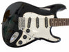Black electric guitar with white pickguard and three EMG single-coil pickups, vintage-style tremolo bridge, and rosewood fretboard on white background