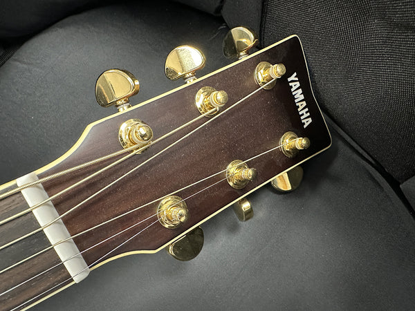 Close-up of Yamaha acoustic guitar headstock with gold tuning pegs and strings on black background