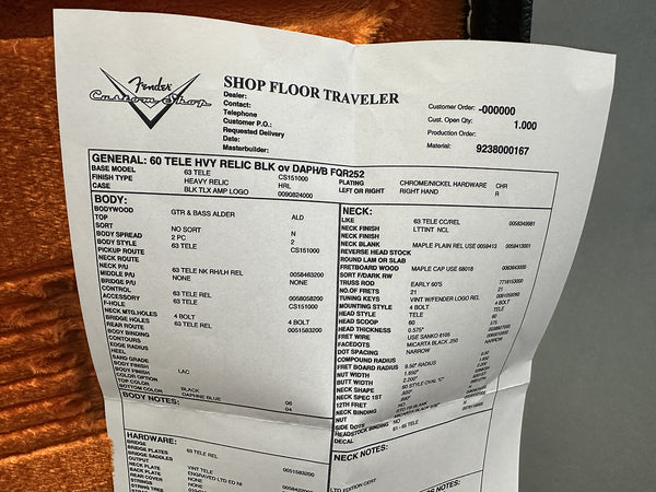 Fender Custom Shop Shop Floor Traveler specification sheet for 1960 Telecaster Heavy Relic Black with Daphne Blue finish, alder body, maple neck, chrome/nickel hardware, 4 bolt neck mounting, vintage tuning keys, and Telecaster style features.