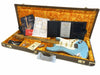 Fender Custom Shop relic light blue Stratocaster electric guitar in vintage case with certificate of authenticity, Fender manuals, and accessory papers displayed on orange plush interior