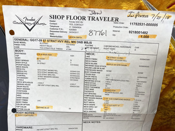 Fender Custom Shop Shop Floor Traveler guitar order sheet for a 1957 Stratocaster heavy relic in Daphne Blue, made with ash body wood and maple 5/4 quarter sawn neck, featuring 56 Strat CC Rel neck finish with nitro lacquer, 57 style soft V neck shape, and Sanko 6105 fret wire.