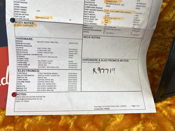 Coffee House Guitars specification sheet showing Daphne Blue 57 body contours, AM vintage Strat bridge, Strat modern wiring, 5-way lever switch, white switch tip, coffee white tone and volume knobs, 250k taper split pots, 50's Strat neck, middle and bridge pickups with vintage reissue hardware details.