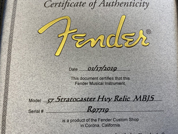 Fender Certificate of Authenticity for 57 Stratocaster Hvy Relic MBJS guitar dated 01/17/2019 with serial number R97719 from Fender Custom Shop in Corona, California.