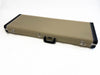 Beige rectangular guitar case with black handle and black corner accents on white background