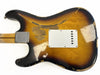Vintage sunburst electric guitar body with heavy wear and relic finish, showing natural wood grain and white backplate, designed for right-handed players