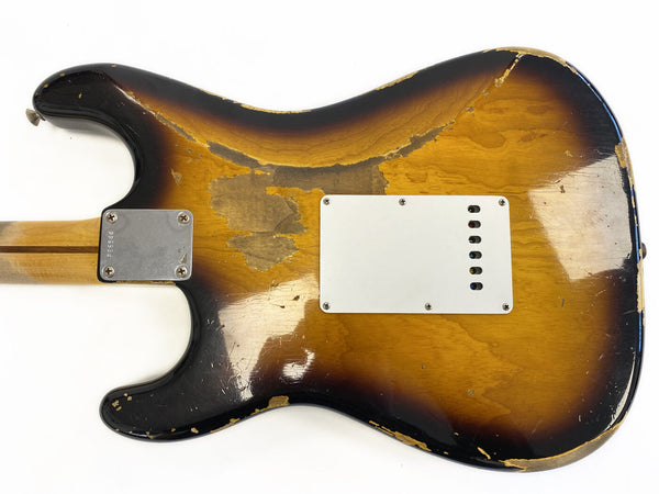 Vintage sunburst electric guitar body with heavy wear and relic finish, showing natural wood grain and white backplate, designed for right-handed players