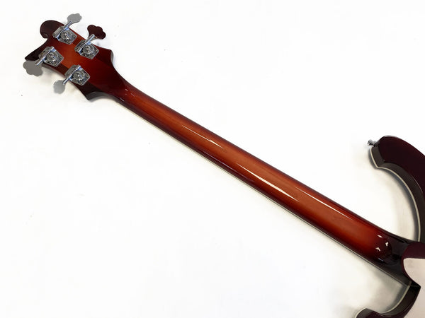 Back view of sunburst finish guitar neck and headstock with chrome tuning pegs on white background