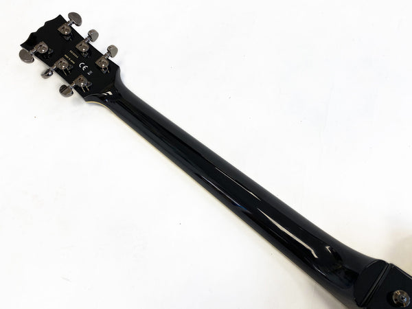 Black guitar neck and headstock with chrome tuning pegs, made in Japan, model SG1824, against white background