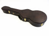 Brown hard shell guitar case for acoustic guitar with gold latches and handle, Yamaha brand badge visible