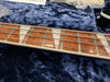 Close-up of guitar fretboard with trapezoid inlays and metal strings on a plush blue case lining