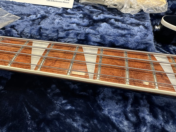 Close-up of guitar fretboard with trapezoid inlays and metal strings on a plush blue case lining