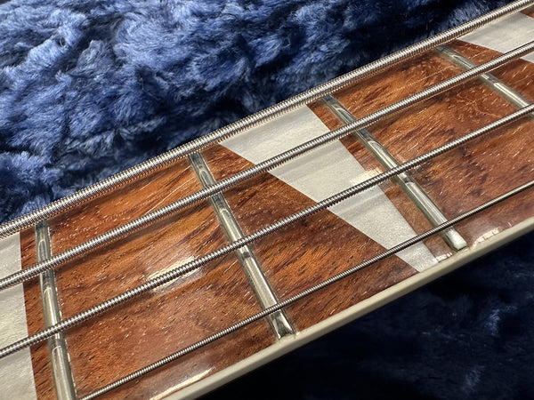 Close-up image of bass guitar neck showing metal strings, wooden fretboard with silver triangular inlays, and metal frets on a blue plush surface.