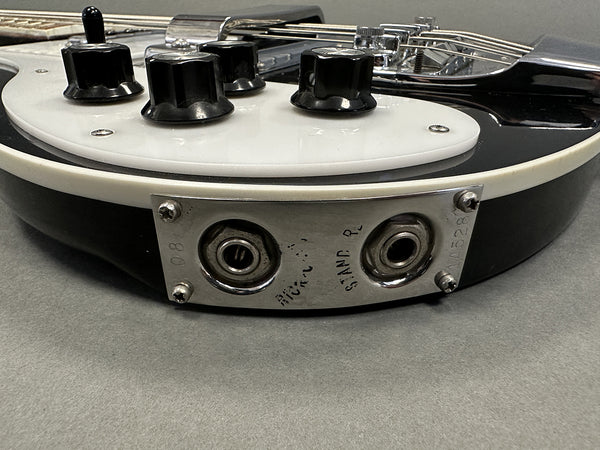 Close-up of black and white electric guitar control knobs and input jacks on a metal plate with engraved labels "Rickenbacker" and "Stand R."