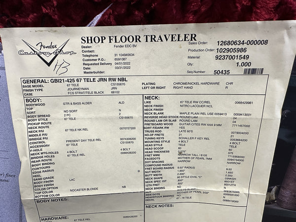 Fender Custom Shop Shop Floor Traveler specification sheet for 67 Tele Journeyman Relic guitar with alder body, nitro lacquer neck finish, maple fretboard with mother of pearl inlays, chrome/nickel hardware, Journeyman finish type, right hand, 21 frets, and 4 bolt mounting style.