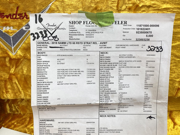Fender Custom Shop 2018 NAMM Limited Edition 60 RST Stratocaster Specifications Sheet on yellow Fender guitar case featuring vintage style details and hardware description.
