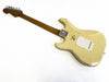 Vintage cream electric guitar with maple neck and worn finish showing back view on white background