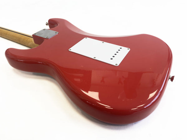 Red electric guitar body with glossy finish showing back plate and neck joint on white background