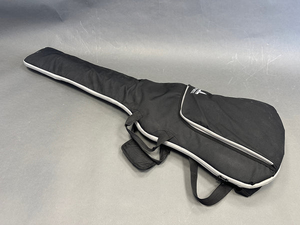 Black padded guitar bag case with white piping and front pocket for electric guitar storage and transport